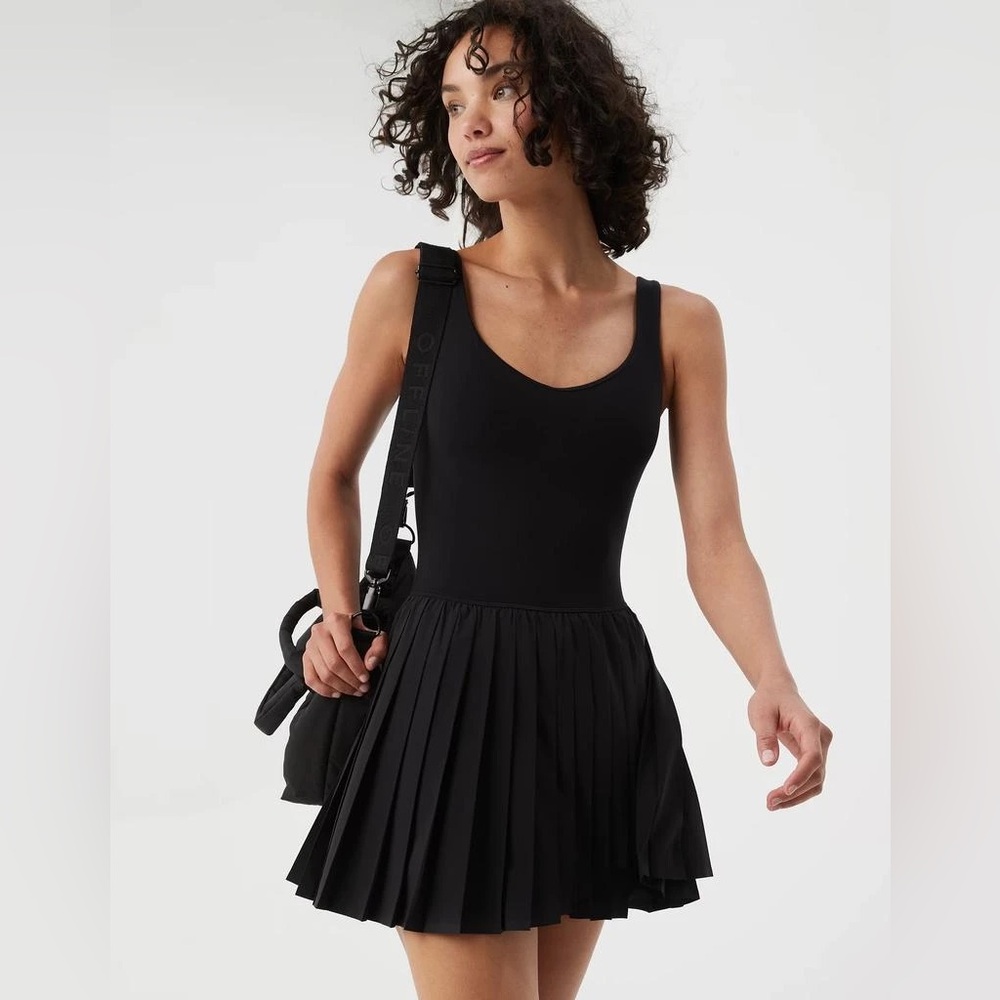 NEW Offline By Aerie Black Tiebreaker Pleated Dress Scoop Neck w/Built-in Shorts